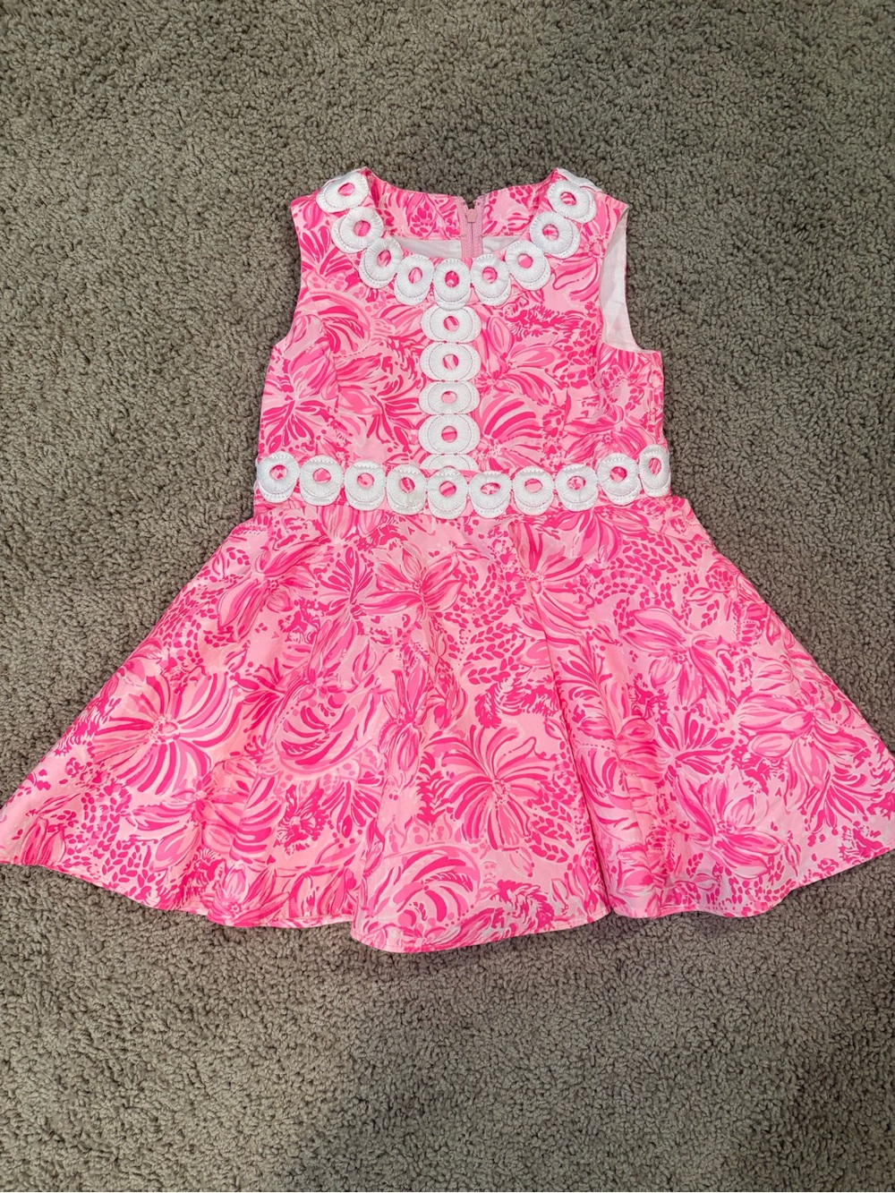 Lilly Pulitzer Pink Floral Sleeveless Fit-and-Flare Dress with White Trim
